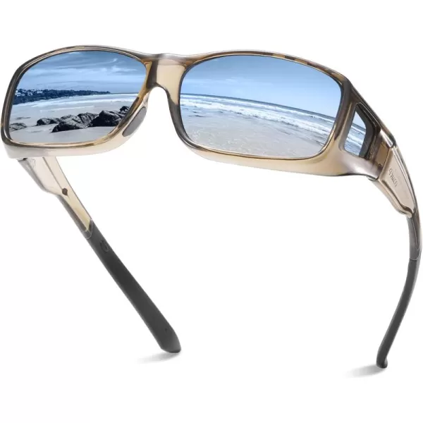 DUCO Wraparound Fitover Glasses Polarized Wear Over Sunglasses for Men Women UV Protection Sun Glasses Driving 8953L Size Transparent Brown Frame Blue Lens