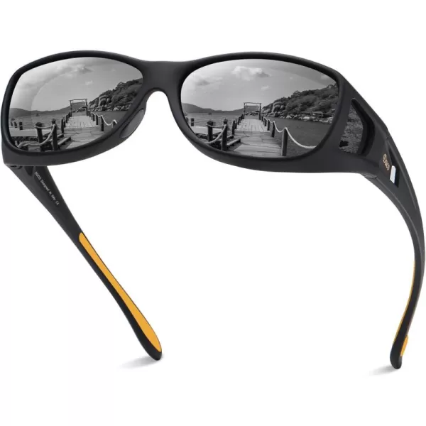 DUCO Wraparound Fitover Glasses Polarized Wear Over Sunglasses for Men Women UV Protection Sun Glasses Driving 8953M Size Black Frame Yellow Temple Grey Lens
