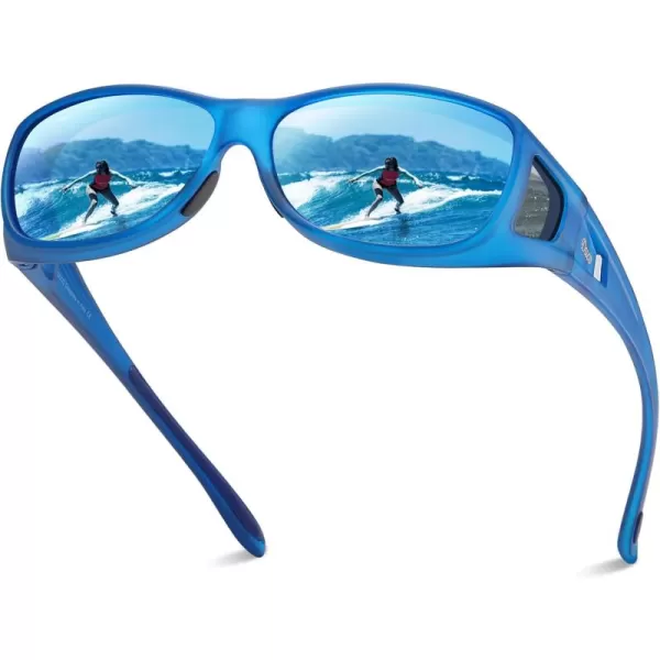 DUCO Wraparound Fitover Glasses Polarized Wear Over Sunglasses for Men Women UV Protection Sun Glasses Driving 8953M Size Transparent Blue Frame Revo Blue Lens