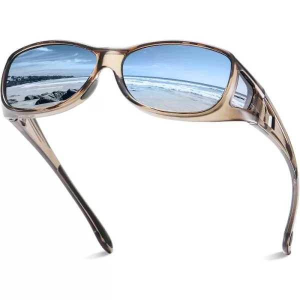 DUCO Wraparound Fitover Glasses Polarized Wear Over Sunglasses for Men Women UV Protection Sun Glasses Driving 8953M Size Transparent Brown Frame Blue Lens