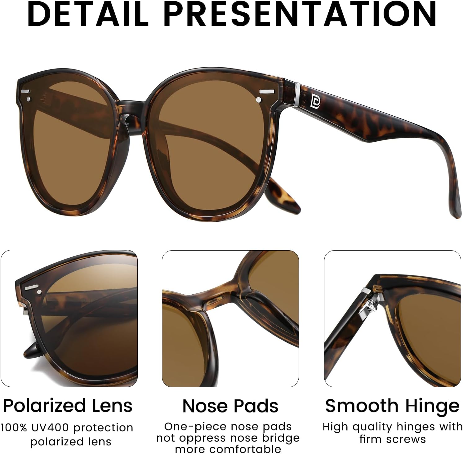 DUCO Retro Round Oversized Polarized Sunglasses for Women Classic Vintage Designer Style UV400 Protection Shades W017sTortoise Frame Brown Lens