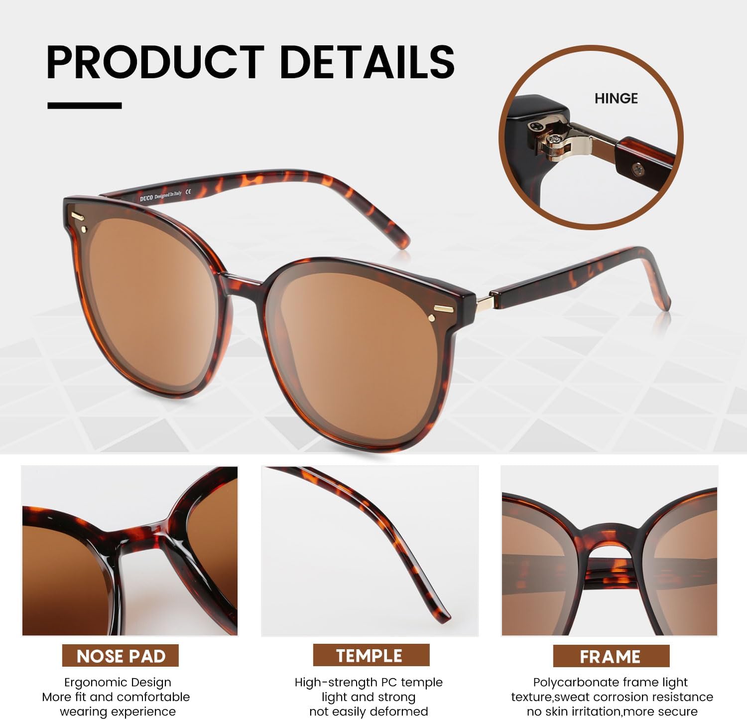 DUCO Retro Round Polarized Sunglasses for Women Men Oversized Vintage Shades W017L Size Tortoise Brown Frame Brown Lens