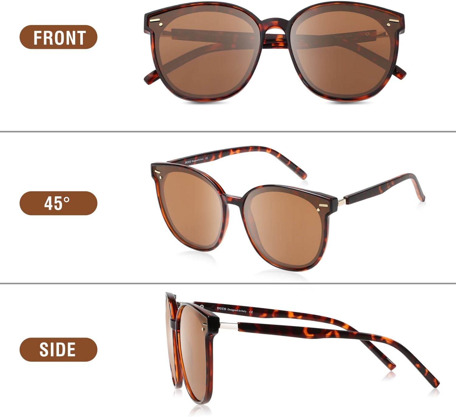 DUCO Retro Round Polarized Sunglasses for Women Men Oversized Vintage Shades W017L Size Tortoise Brown Frame Brown Lens