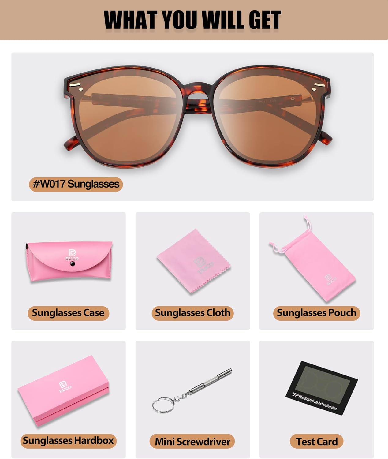 DUCO Retro Round Polarized Sunglasses for Women Men Oversized Vintage Shades W017L Size Tortoise Brown Frame Brown Lens