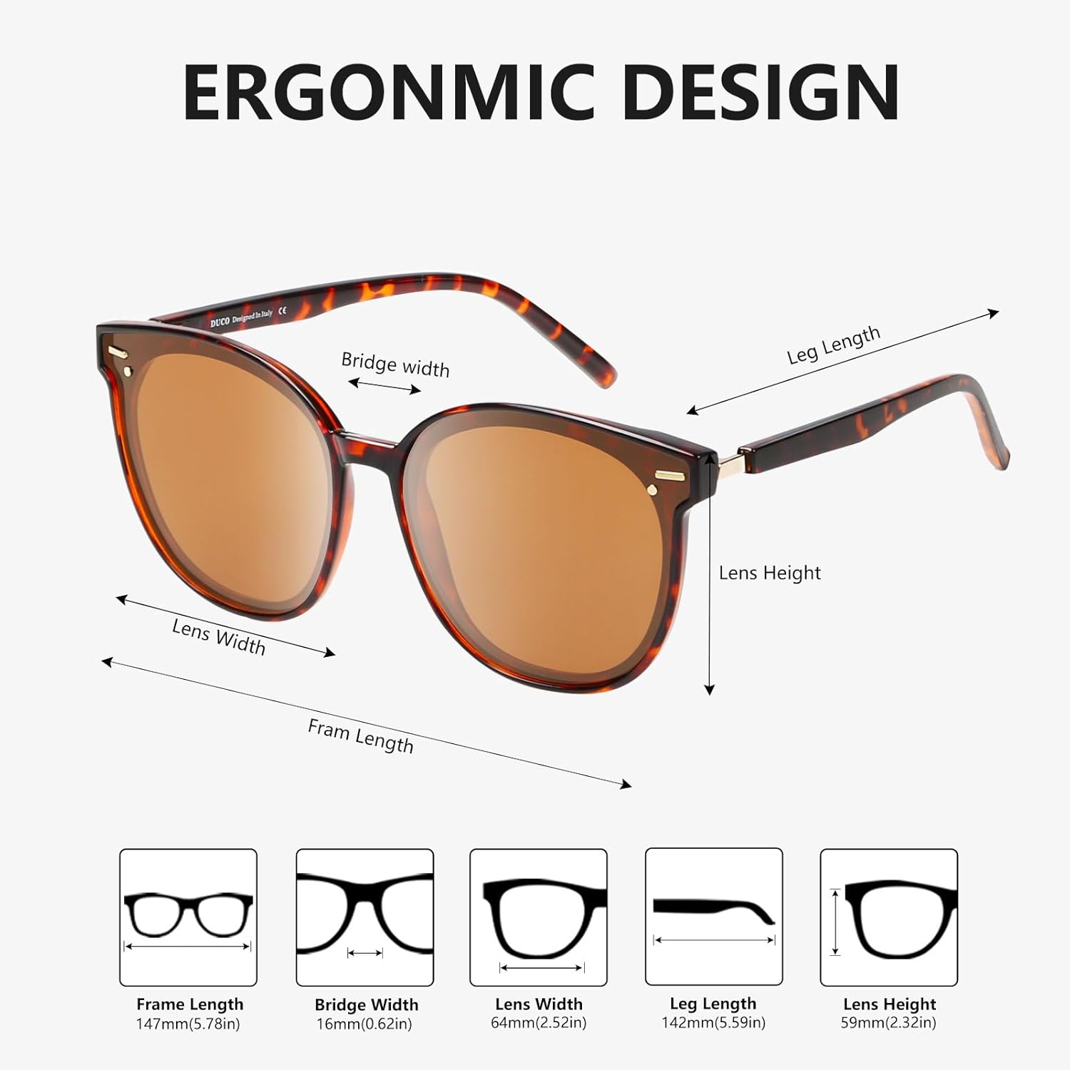 DUCO Retro Round Polarized Sunglasses for Women Men Oversized Vintage Shades W017L Size Tortoise Brown Frame Brown Lens
