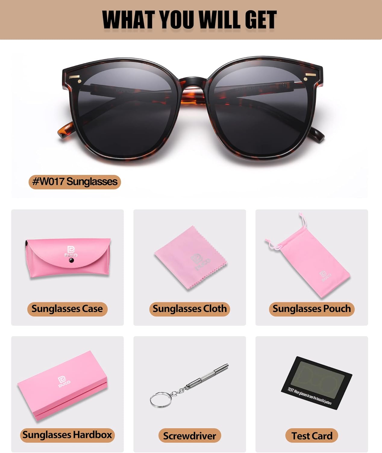 DUCO Retro Round Polarized Sunglasses for Women Men Oversized Vintage Shades W017L Size Tortoise Brown Frame Grey Lens