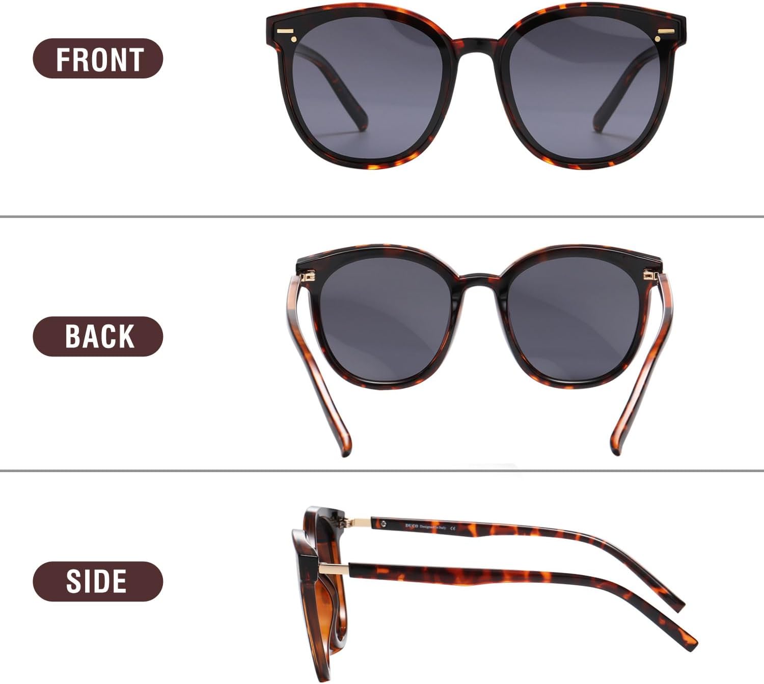 DUCO Retro Round Polarized Sunglasses for Women Men Oversized Vintage Shades W017L Size Tortoise Brown Frame Grey Lens