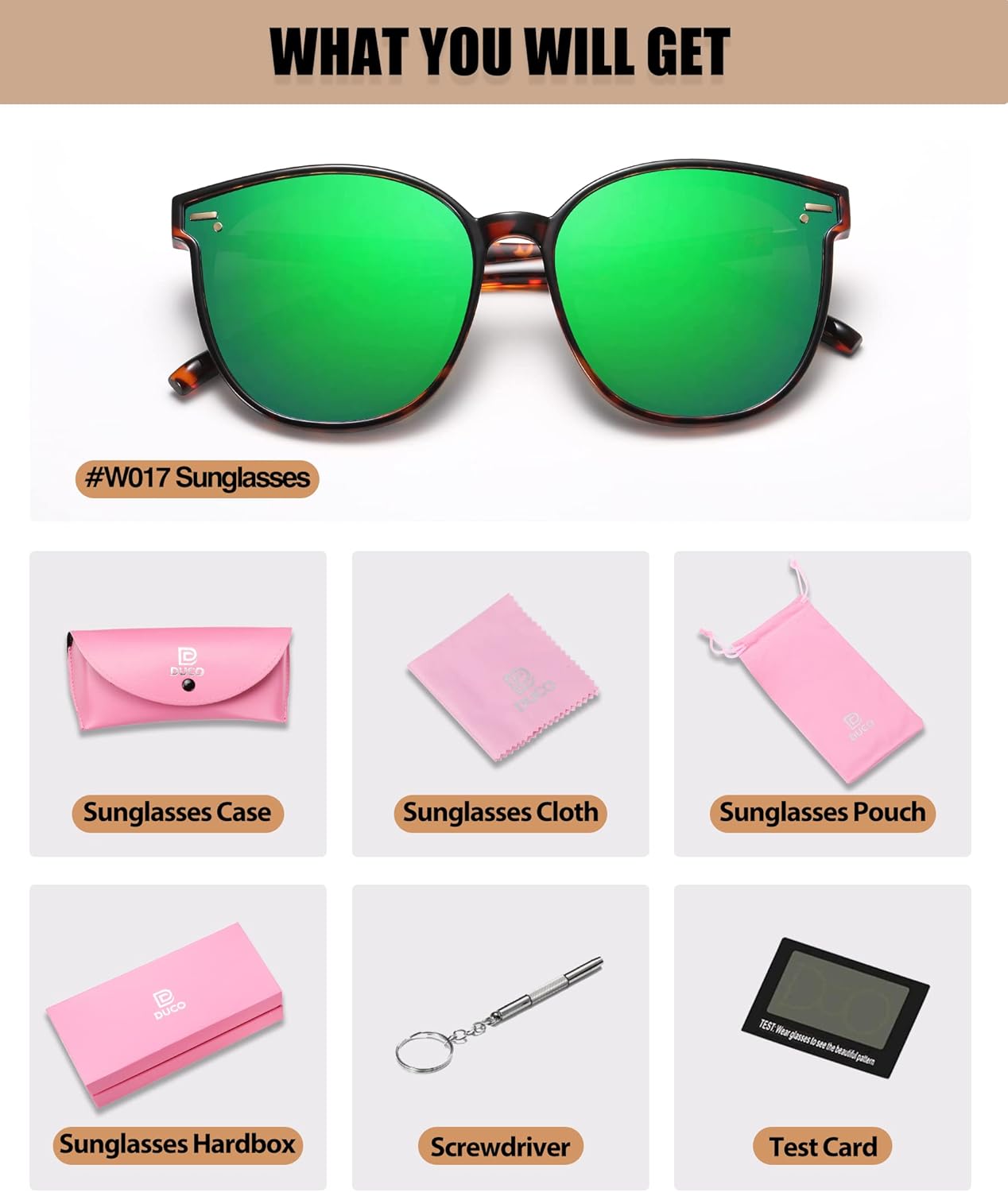 DUCO Retro Round Polarized Sunglasses for Women Men Oversized Vintage Shades W017L Size Tortoise Brown Frame Revo Green Lens