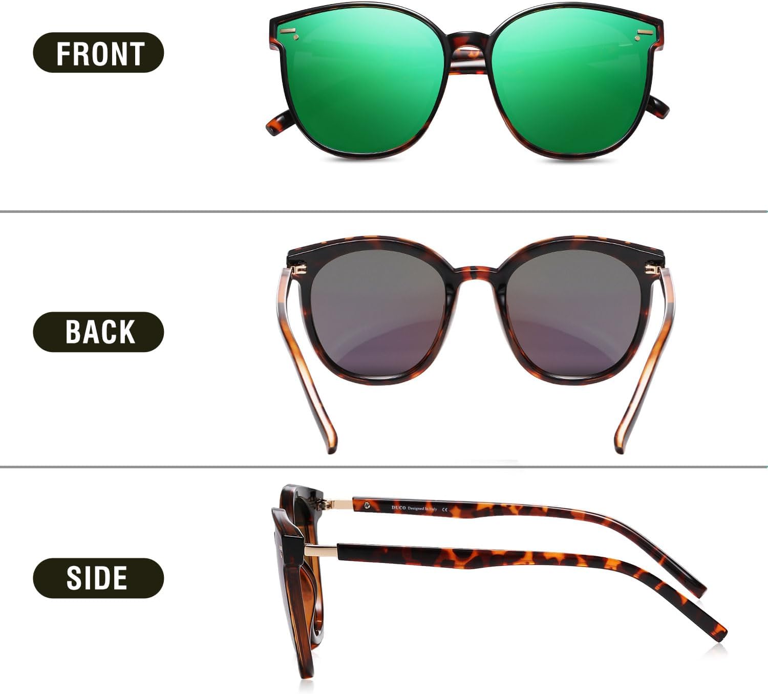 DUCO Retro Round Polarized Sunglasses for Women Men Oversized Vintage Shades W017L Size Tortoise Brown Frame Revo Green Lens