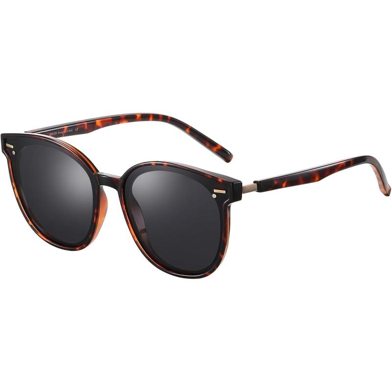 DUCO Retro Round Polarized Sunglasses for Women Men Oversized Vintage Shades W017L Size Tortoise Brown Frame Grey Lens