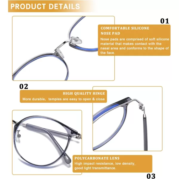 DUCO Blue Light Glasses for Women Men Blue Ray Blocking Glasses Computer Glasses for Teens Retro Round Eyeglasses W013Gunmetal