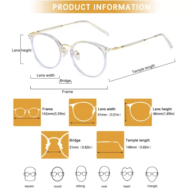 DUCO Blue Light Glasses for Women Men Blue Ray Blocking Glasses Computer Glasses for Teens Retro Round Eyeglasses W013Transparent