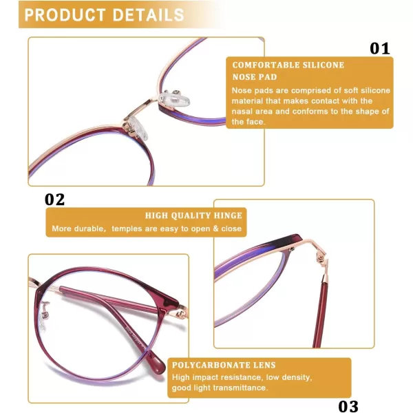 DUCO Blue Light Glasses for Women Men Blue Ray Blocking Glasses Computer Glasses for Teens Retro Round Eyeglasses W013Wine Red