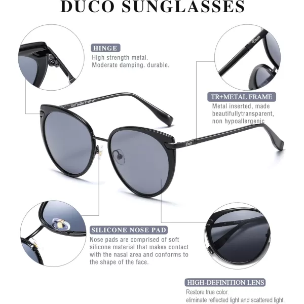 DUCO Cat Eye Sunglasses for Women Retro Polarized Womens Sun Glasses 90s Vintage Shades UV Protection DC1222Black Frame Grey Lens