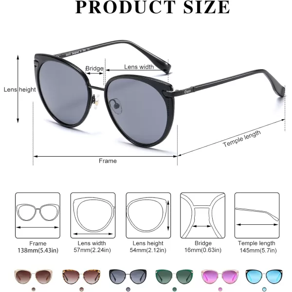 DUCO Cat Eye Sunglasses for Women Retro Polarized Womens Sun Glasses 90s Vintage Shades UV Protection DC1222Black Frame Grey Lens
