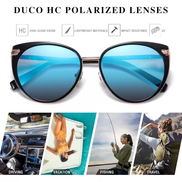 DUCO Cat Eye Sunglasses for Women Retro Polarized Womens Sun Glasses 90s Vintage Shades UV Protection DC1222Black Frame Revo Blue Lens