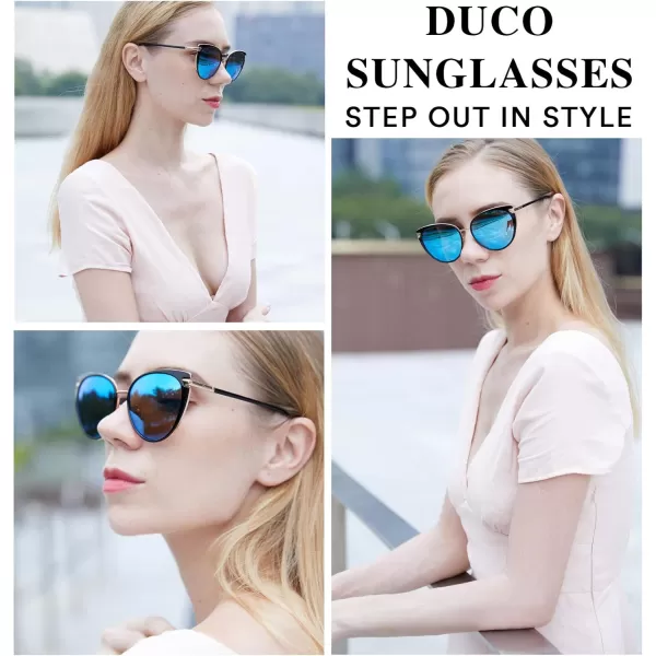 DUCO Cat Eye Sunglasses for Women Retro Polarized Womens Sun Glasses 90s Vintage Shades UV Protection DC1222Black Frame Revo Blue Lens