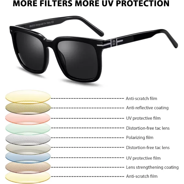 DUCO Classic Square Polarized Sunglasses for Men Women Vintage Handmade Acetate Sun Glasses DC8288Black Frame Grey Lens