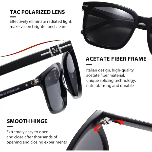 DUCO Classic Square Polarized Sunglasses for Men Women Vintage Handmade Acetate Sun Glasses DC8288Black Frame Grey Lens
