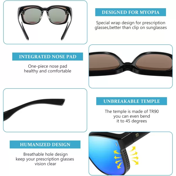 DUCO Fit Over Glasses Wraparound Retro Round Frame Wear Over Polarized Sunglasses for Men Women UV400 Protection DC8962Black Frame Revo Blue Lens