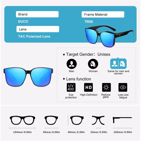 DUCO Fit Over Glasses Wraparound Retro Round Frame Wear Over Polarized Sunglasses for Men Women UV400 Protection DC8962Black Frame Revo Blue Lens