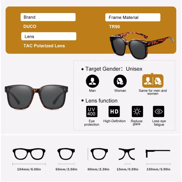 DUCO Fit Over Glasses Wraparound Retro Round Frame Wear Over Polarized Sunglasses for Men Women UV400 Protection DC8962Tortoise Frame Grey Lens