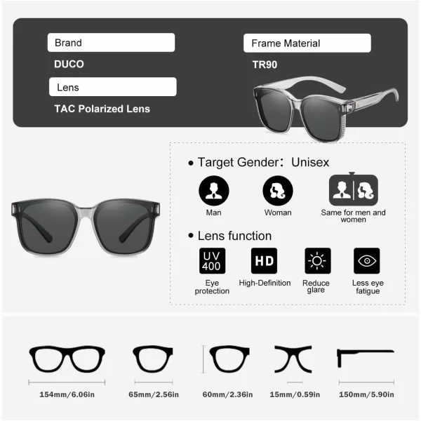 DUCO Fit Over Glasses Wraparound Retro Round Frame Wear Over Polarized Sunglasses for Men Women UV400 Protection DC8962Transparent Frame Grey Lens