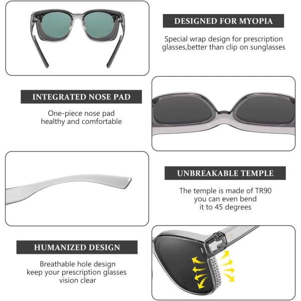 DUCO Fit Over Glasses Wraparound Retro Round Frame Wear Over Polarized Sunglasses for Men Women UV400 Protection DC8962Transparent Frame Grey Lens