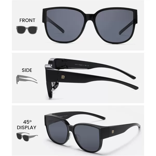 DUCO Fit Over Sunglasses for Men Women Over Glasses Retro Round Wraparound Polarized Sun Glasses DC8961Black Frame Grey Lens