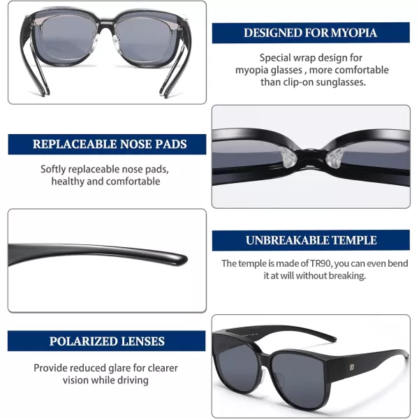 DUCO Fit Over Sunglasses for Men Women Over Glasses Retro Round Wraparound Polarized Sun Glasses DC8961Black Frame Grey Lens