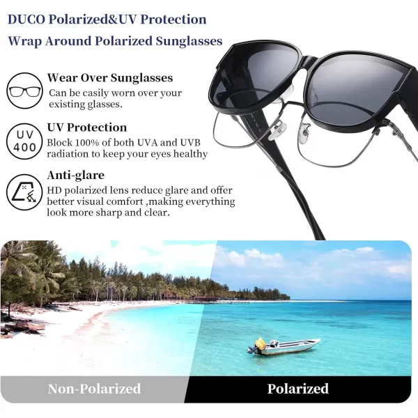 DUCO Fit Over Sunglasses for Men Women Over Glasses Retro Round Wraparound Polarized Sun Glasses DC8961Black Frame Grey Lens