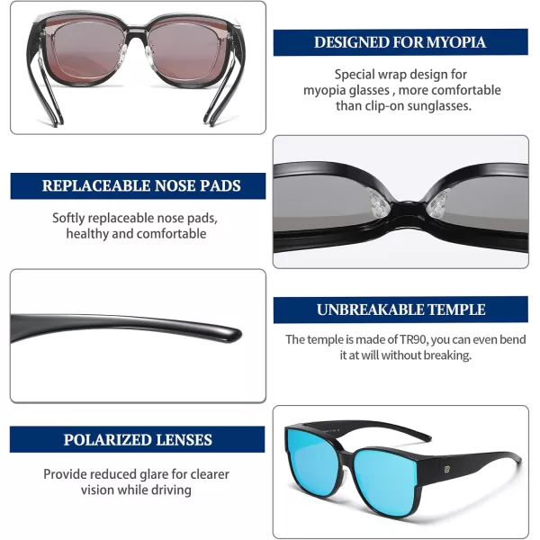 DUCO Fit Over Sunglasses for Men Women Over Glasses Retro Round Wraparound Polarized Sun Glasses DC8961Black Frame Revo Blue Lens