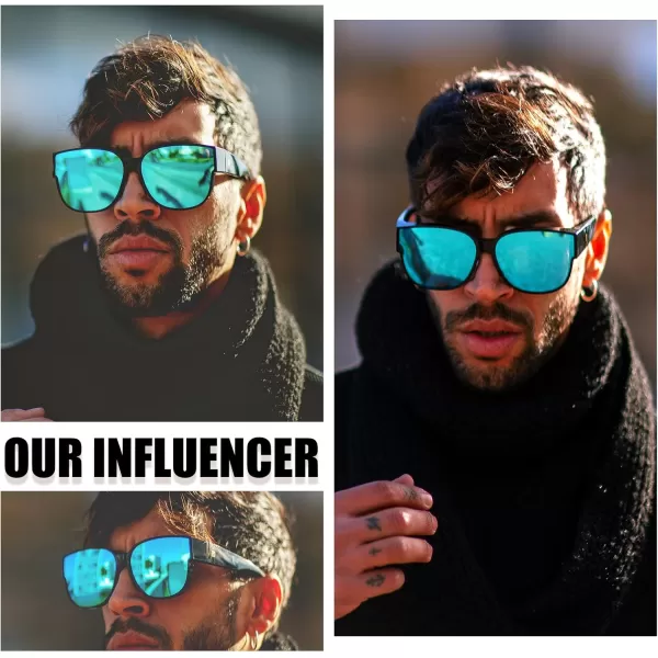 DUCO Fit Over Sunglasses for Men Women Over Glasses Retro Round Wraparound Polarized Sun Glasses DC8961Black Frame Revo Blue Lens