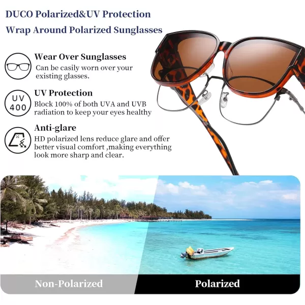 DUCO Fit Over Sunglasses for Men Women Over Glasses Retro Round Wraparound Polarized Sun Glasses DC8961Tortoise Frame Brown Lens