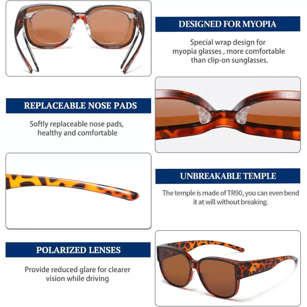 DUCO Fit Over Sunglasses for Men Women Over Glasses Retro Round Wraparound Polarized Sun Glasses DC8961Tortoise Frame Brown Lens