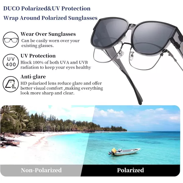 DUCO Fit Over Sunglasses for Men Women Over Glasses Retro Round Wraparound Polarized Sun Glasses DC8961Transparent Grey Frame Grey Lens