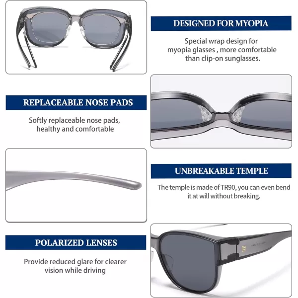 DUCO Fit Over Sunglasses for Men Women Over Glasses Retro Round Wraparound Polarized Sun Glasses DC8961Transparent Grey Frame Grey Lens