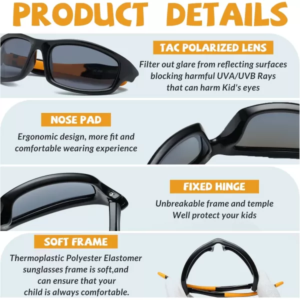 DUCO Kids Sunglasses Boys Girls Sports Polarized Sunglasses Youth Baseball Sunglasses for Kids UV Protection Age 610 K006Black Frame Orange Temple Grey Lens