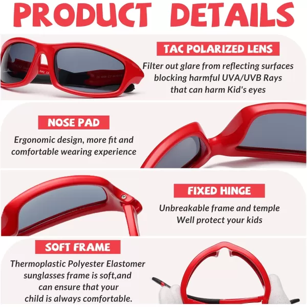 DUCO Kids Sunglasses Boys Girls Sports Polarized Sunglasses Youth Baseball Sunglasses for Kids UV Protection Age 610 K006Red Frame Black Temple Grey Lens
