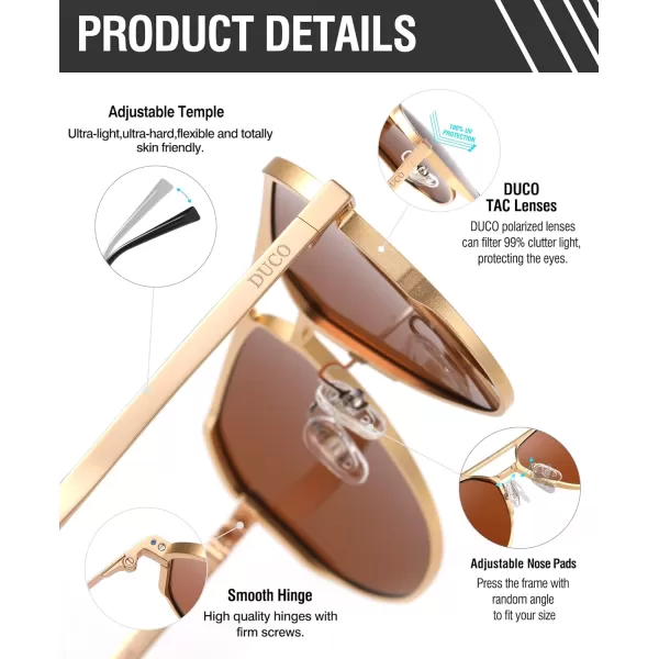 DUCO Mens Sunglasses Retro Oversized Metal Frame Vintage Polarized Sunglasses for Women Fashion Shades UV Protection DC3039Gold Frame Brown Lens