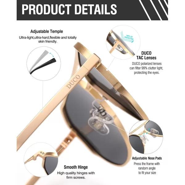 DUCO Mens Sunglasses Retro Oversized Metal Frame Vintage Polarized Sunglasses for Women Fashion Shades UV Protection DC3039Gold Frame Grey Lens