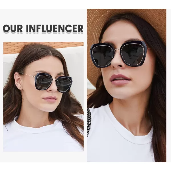 DUCO Oversized Square Polarized Sunglasses for Women Diamond Trim Style UV Protection Designer Sun Glasses DC1225Black Grey