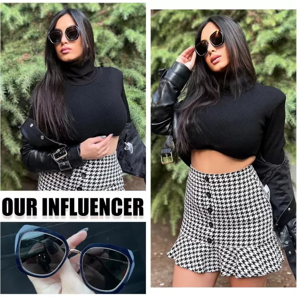 DUCO Oversized Square Polarized Sunglasses for Women Diamond Trim Style UV Protection Designer Sun Glasses DC1225Black Grey