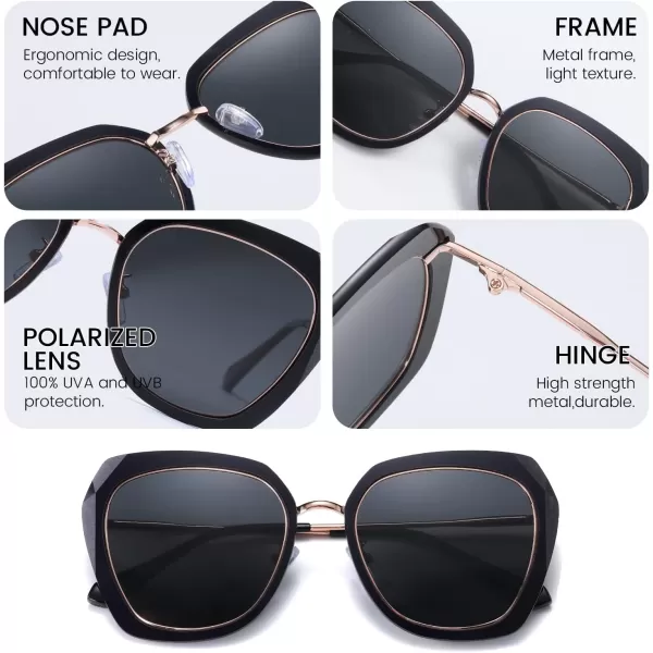 DUCO Oversized Square Polarized Sunglasses for Women Diamond Trim Style UV Protection Designer Sun Glasses DC1225Black Grey