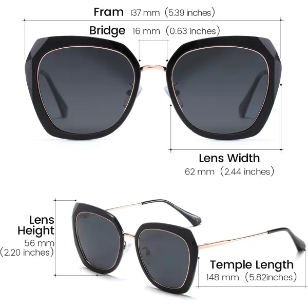 DUCO Oversized Square Polarized Sunglasses for Women Diamond Trim Style UV Protection Designer Sun Glasses DC1225Black Grey
