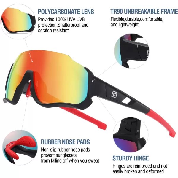 DUCO Polarized Kids Sunglasses Youth Baseball Sun Glasses Sports Teens Cycling Shades Boys Girls with 3 Lenses DK280Black Frame Red Temple Orange Colorful Lens