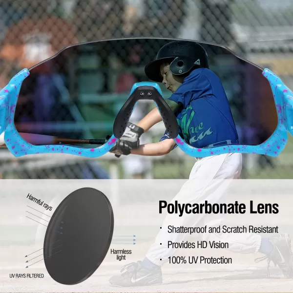 DUCO Polarized Kids Sunglasses Youth Baseball Sun Glasses Sports Teens Cycling Shades Boys Girls with 3 Lenses DK280Blue Frame Blue Temple Orange Colorful Lens