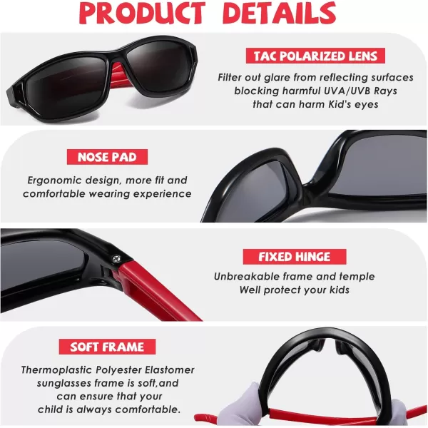 DUCO Polarized Kids Sunglasses with Strap for Boys Girls Youth Sports Baseball Sunglasses 100 UV Protection K029Black Frame Red Temple