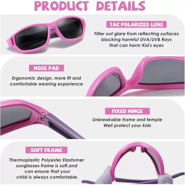 DUCO Polarized Kids Sunglasses with Strap for Boys Girls Youth Sports Baseball Sunglasses 100 UV Protection K029Pink Frame Purple Temple