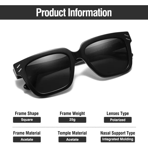 DUCO Polarized Sunglasses Women Men Luxury Acetate Mens Sunglasses Trendy Retro Square Sun Glasses UV400 DC2368Black Frame Grey Lens
